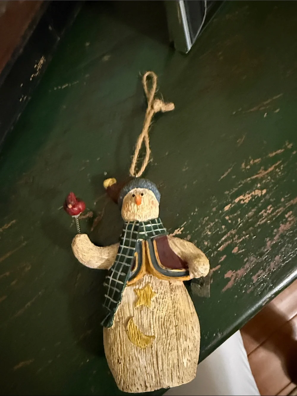 Handcrafted Snowman Hanging Ornament in Cream, Green, Blue